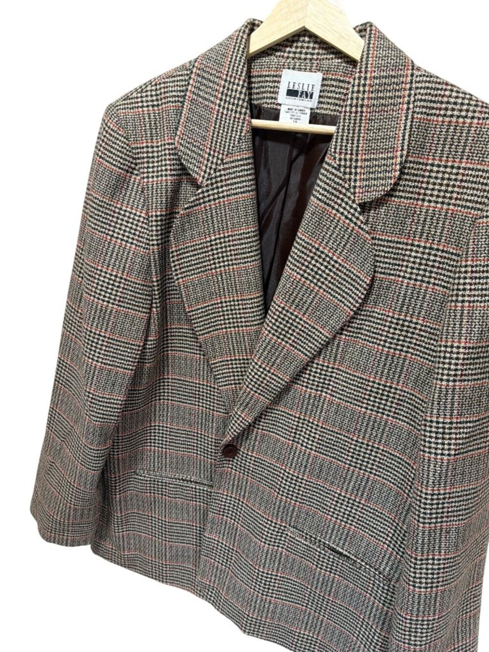 Leslie Fay Sportswear Vintage 90's Womens Glencheck Plaid Wool Blazer Jacket Siz